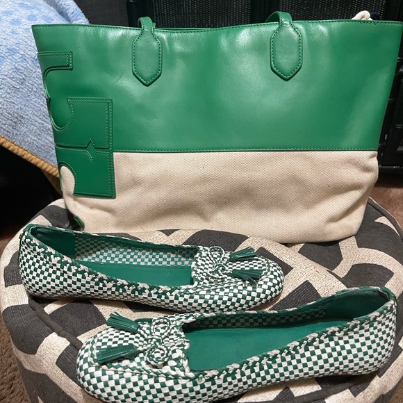 Tory Burch shoes 8/12 and tote green and white - Picture 1 of 7